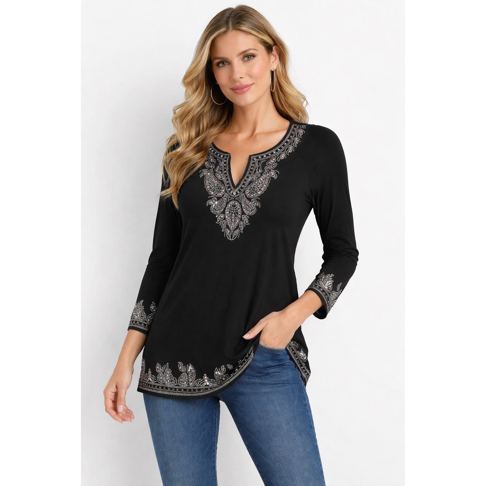 INC‎ International Concepts Petite Black Sequin Embroidered Tunic Top Large P L
